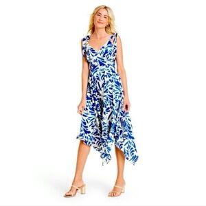 NWT ALEXIS for Target Botanical Tie Strap Asymmetrical Hem Dress Med, Blue/White